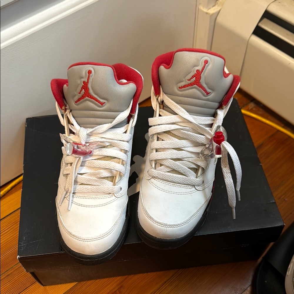 Air Jordan White and Red Sneakers Fire Red 5’s (GS)